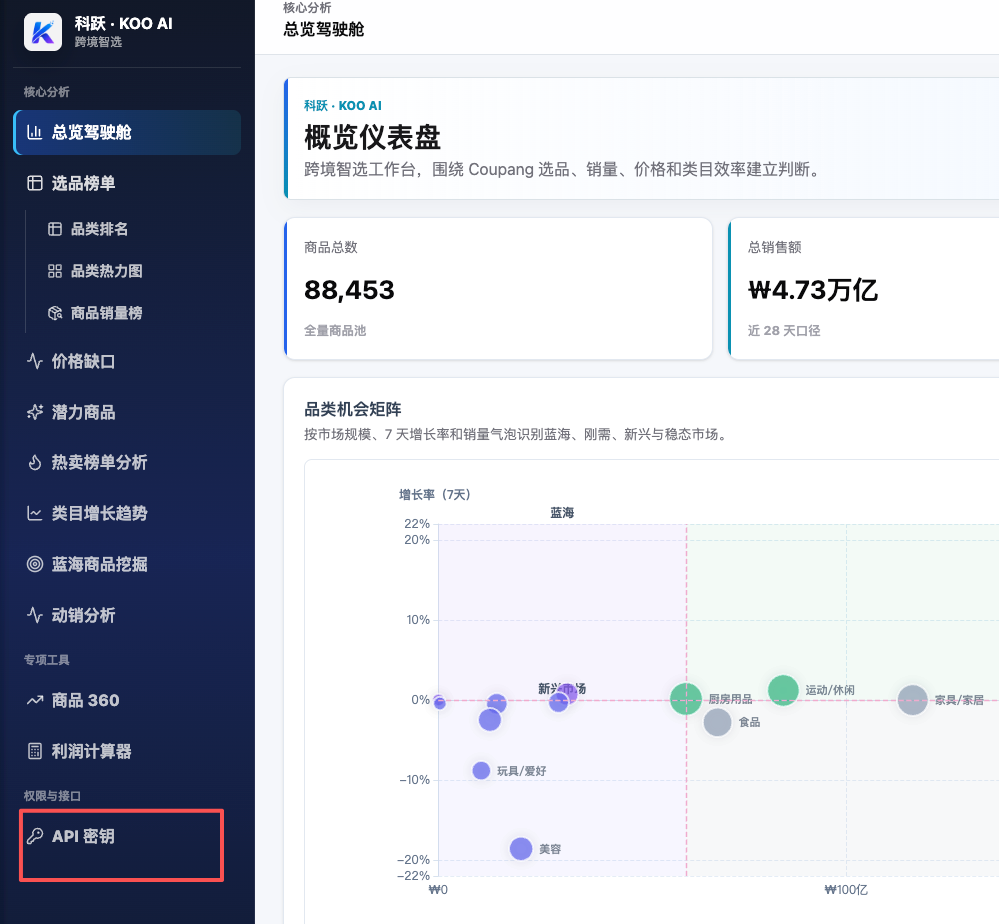 科跃后台左侧菜单 API 密钥入口